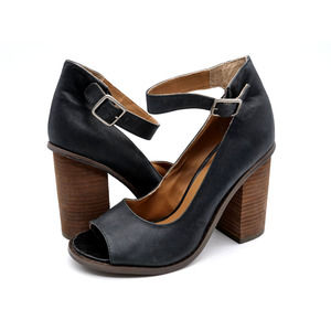 Kelsi Dagger Block Heel Pumps Womens 8.5 Black Leather Ankle Strap Peep Toe Heel